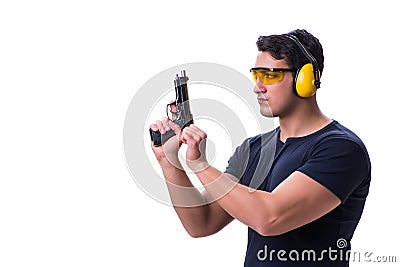 The man doing sport shooting from gun isolated on white Stock Photo