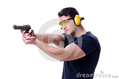 The man doing sport shooting from gun isolated on white Stock Photo