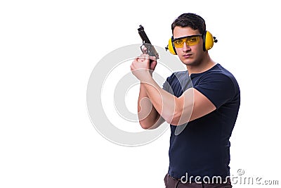 The man doing sport shooting from gun isolated on white Stock Photo