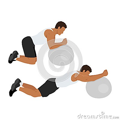 Man doing Stability or Swiss Ball Rollout exercise, Man workout fitness Cartoon Illustration