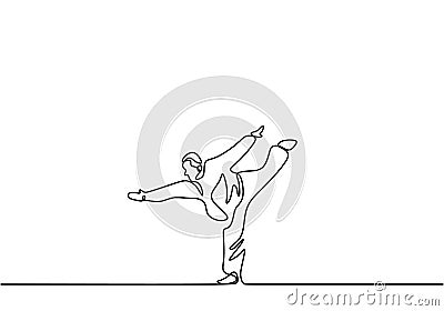 Man is doing Taekwondo training continuous single line drawing vector illustration. Pofessional senior male standing with one leg Vector Illustration