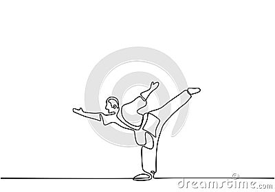 Man is doing Taekwondo training continuous single line drawing vector illustration. Pofessional senior male standing with one leg Vector Illustration