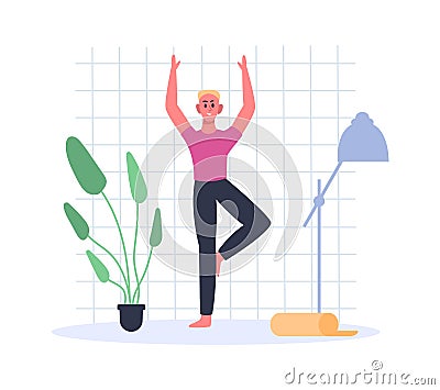 Man doing tree yoga position. Sport class, male character practicing basic posture, having exercises at home Vector Illustration