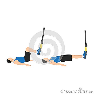 Man doing TRX Suspension strap hamstring. Leg curls exercise Vector Illustration