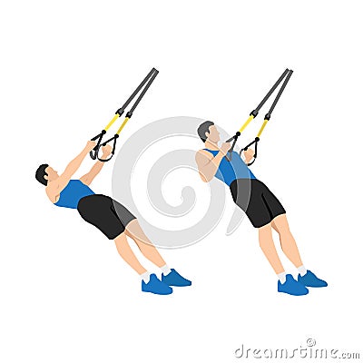 Man doing TRX Suspension strap rows exercise. Vector Illustration