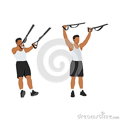 Man doing TRX Suspension straps deltoid Flyes exercise. Cartoon Illustration