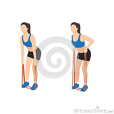 Man doing upper back bent over row with resistance band Cartoon Illustration