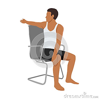 Man doing workout at office seated Chair spinal twist. ardha matsyendrasana exercise. Flat vector Cartoon Illustration