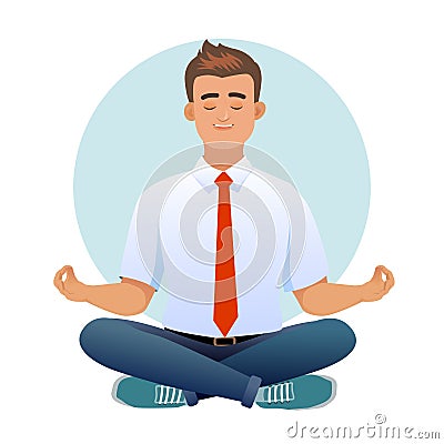 Man doing yoga. Yogi sitting in padmasana lotus pose, meditating, relaxing, calm down and manage stress Cartoon Illustration
