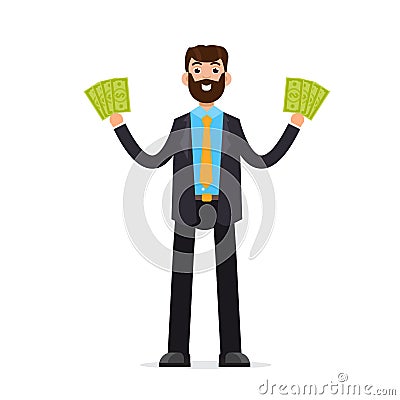 Man with dollar cash banknote, employee receiving a money. Vector Illustration