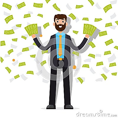 Man with dollar cash banknote, employee receiving a money. Vector Illustration