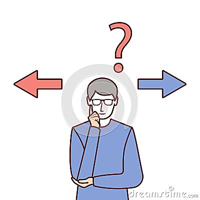 Man doubts. Making decision concept. Decide direction, arrows right left. Vector Illustration