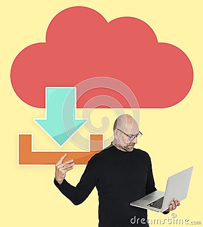 Man downloading files from a cloud Stock Photo