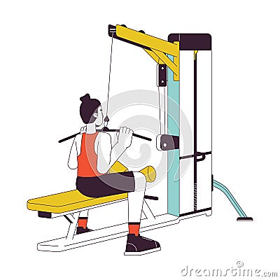 Man dragging bar down on lat pulldown machine flat line color vector character Vector Illustration