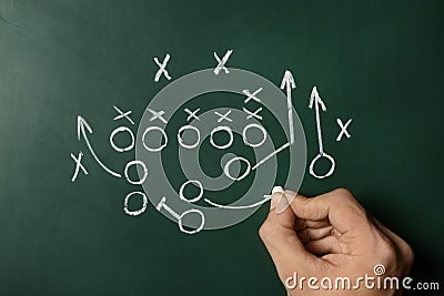 Man drawing football game scheme on chalkboard Stock Photo