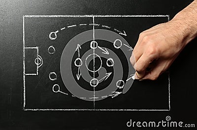 Man drawing football game scheme on chalkboard Stock Photo