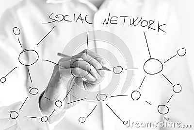 Man drawing a social network of contacts Stock Photo