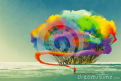 Man draws abstract tree with colorful smoke flare Cartoon Illustration