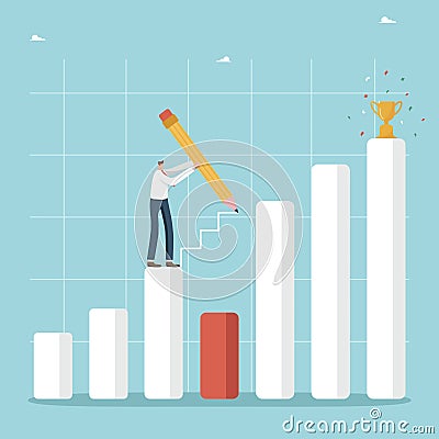 Man draws a ladder on a chart with a pencil Vector Illustration