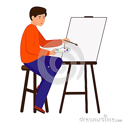A man draws a picture on canvas. The artist holds a brush and paint. The character sits at the easel. Vector Illustration