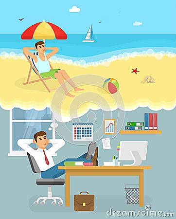 Man Dreaming About Holiday Composition Vector Illustration