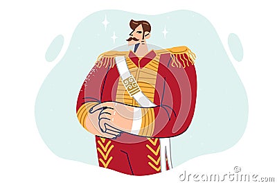 Man dressed as russian tsar Nicholas 2 proudly looks at screen urging to visit monarchy museum Vector Illustration