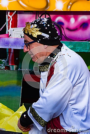 man dressed in the classical tunic of the Romans during the Roman Empire during a carnival in ScorzÄ— in the province of Venice. Editorial Stock Photo