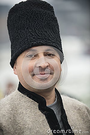 Man dressed in winter traditional Romanian clothes Editorial Stock Photo