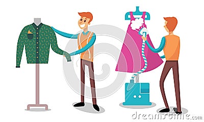 Man Dressmaker or Tailor Working in Atelier Steaming Dress Vector Illustration Set Vector Illustration