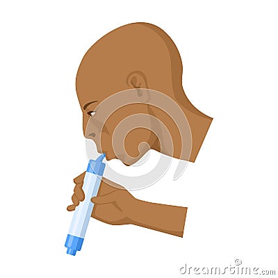 Man drink through compact filter icon in cartoon style isolated on white background. Vector Illustration