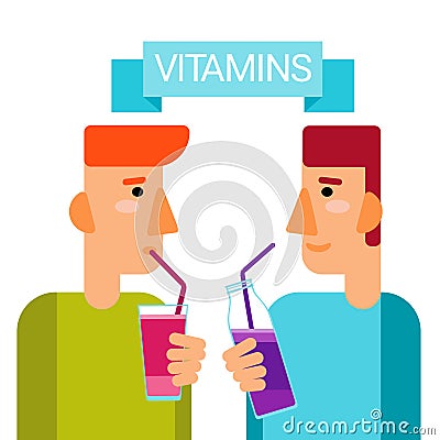 Man Drink Vitamins Cocktail Bottle Essential Chemical Elements Nutrient Minerals Vector Illustration