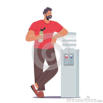 Man Drinking Fresh Water at Cooler during Break in Office, Worker, Employee or Sportsman Character Rest, Drink Beverage Vector Illustration