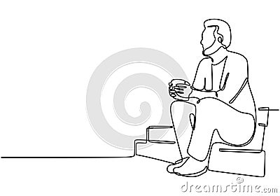 Man drinking and relaxing in one continuous single line drawing Vector Illustration