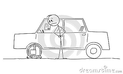 Man or Driver Watching Wheel Clamp on Parked Car, Vector Cartoon Stick Figure Illustration Vector Illustration