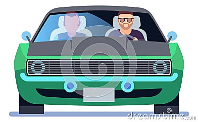 Man driving car with passenger. Auto front view Vector Illustration