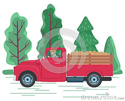 Man Driving Lorry with Potato Harvest, Farming Vector Illustration