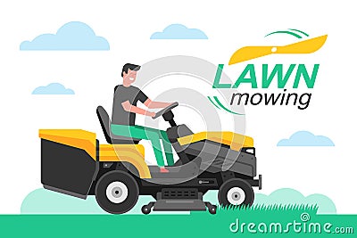 Man driving a tractor lawn mower in garden Vector Illustration