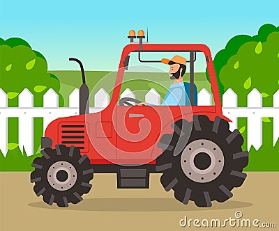 Man is driving tractor on the road near the meadow. Farmer siting in agrimotor on nature landscape Vector Illustration
