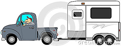 Man driving a truck and towing a horse trailer Stock Photo