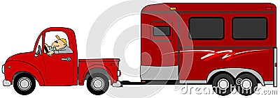 Man driving a truck and towing a horse trailer Stock Photo