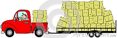 Man driving a truck and trailer loaded with hay Stock Photo