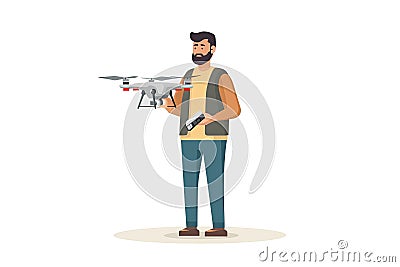 A man with a drone launches a quadcopter on a white background Stock Photo