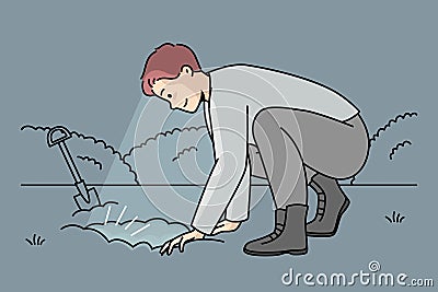 Man dug hole in garden to find buried treasure at night. Vector Illustration