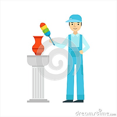 Man Dusting Antique Vase With Dust Brush, Cleaning Service Professional Cleaner In Uniform Cleaning In The Household Vector Illustration