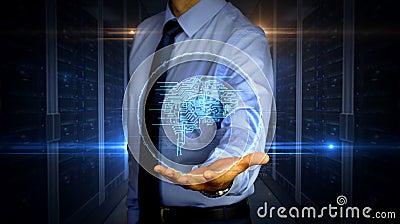 Businessman with cybernetic brain symbol hologram Stock Photo