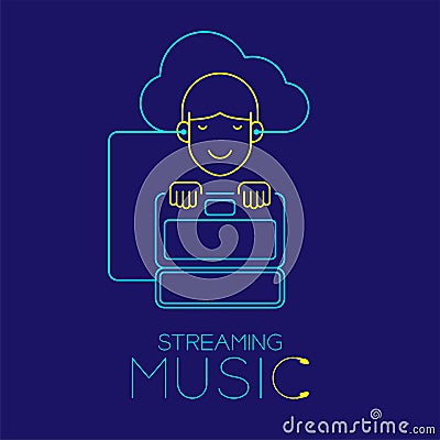 Man with earphone cloud connect, Laptop shape made from cable, Streaming music concept design illustration Vector Illustration