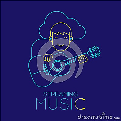 Man with earphone cloud connect smartphone, Acoustic guitar shape made from cable, Streaming music concept design illustration Vector Illustration