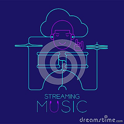 Man with earphone cloud connect smartphone, Drum kit shape made from cable, Streaming music concept design illustration Vector Illustration