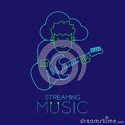 Man with earphone cloud connect smartphone, Electric guitar shape made from cable, Streaming music concept design illustration Vector Illustration