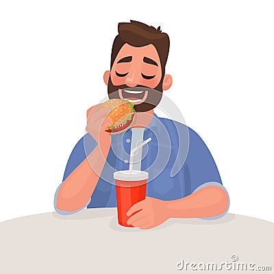 Man is eating fast food. The concept of unhealthy diet and wrong Cartoon Illustration